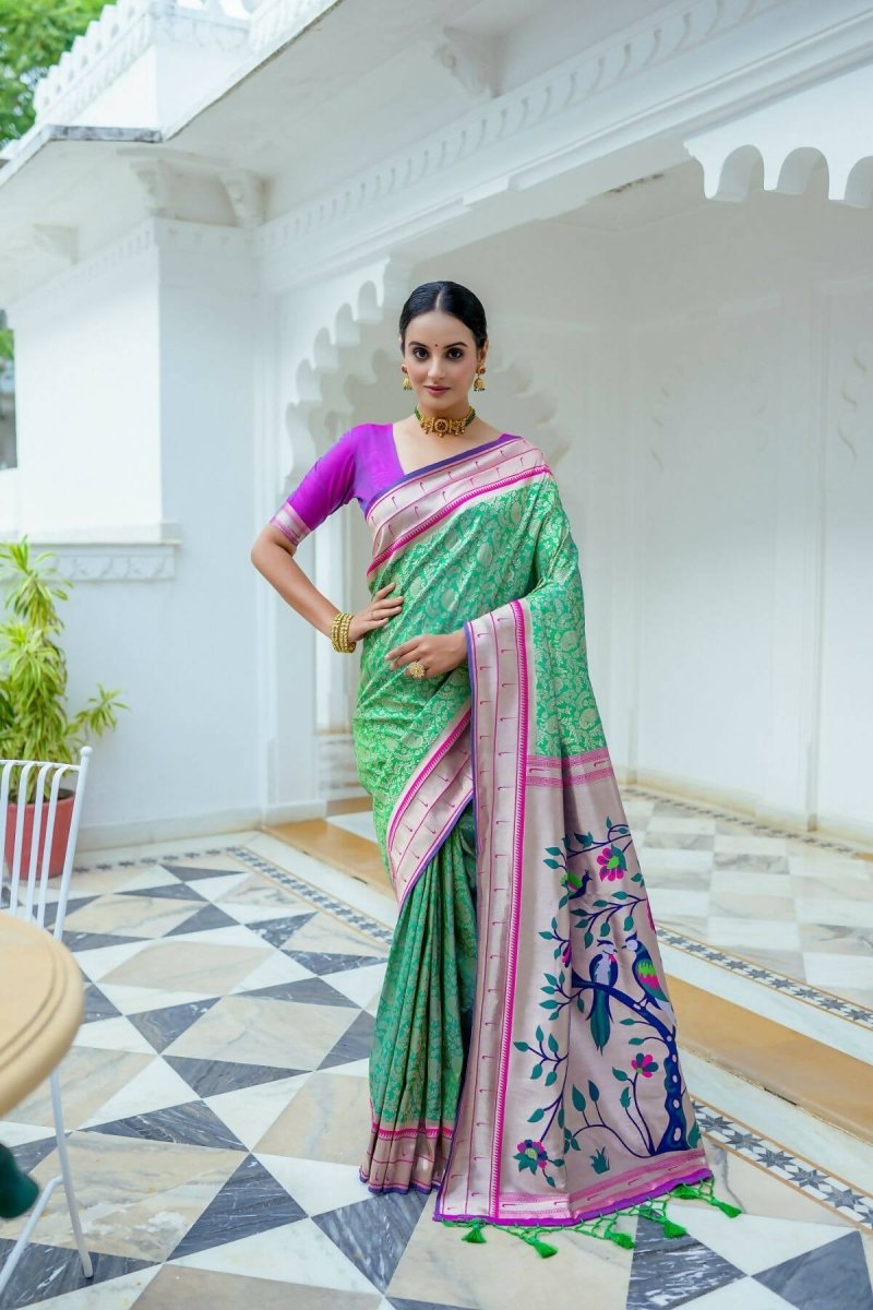 Aastha Fashion Green Woven Kanjivaram Silk Saree with Blouse - Distacart