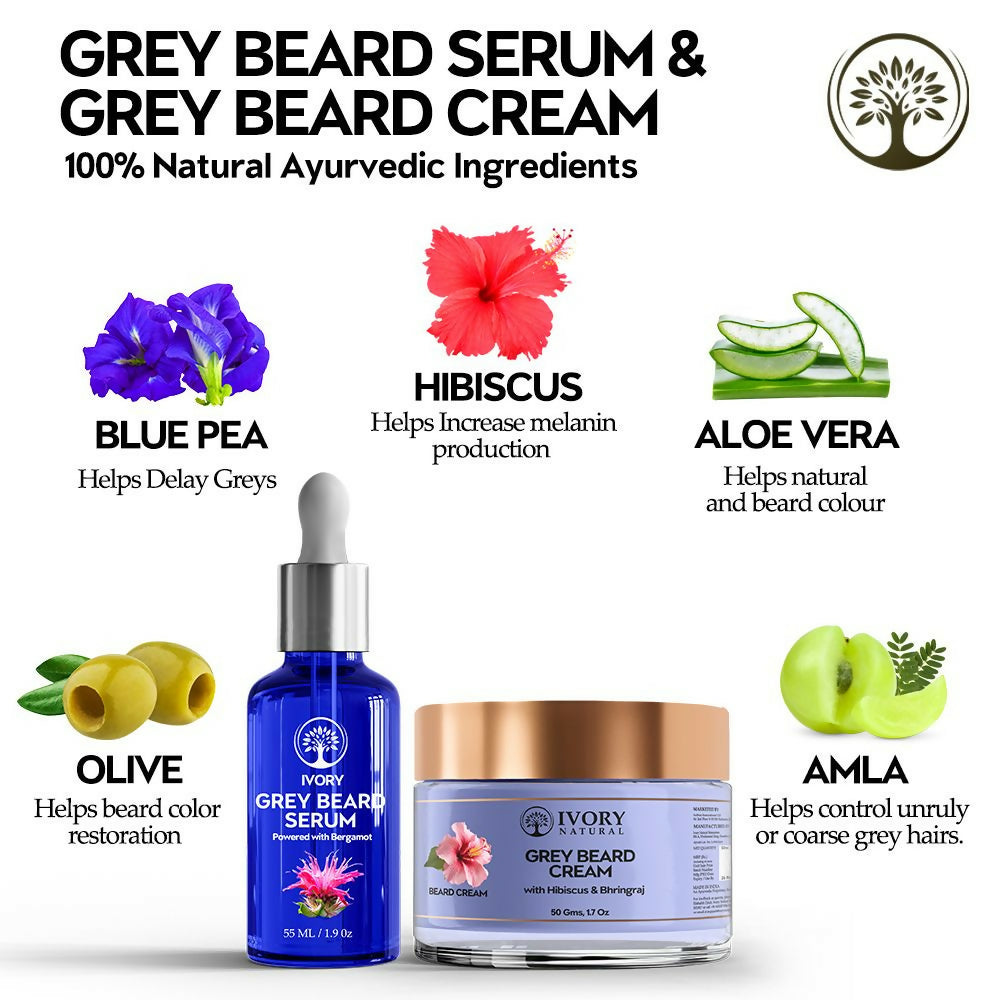 Ivory Natural Grey Combo For Beard - Serum & Cream For Rejuvenates Natural Beard Shade And Supports Natural Black Color