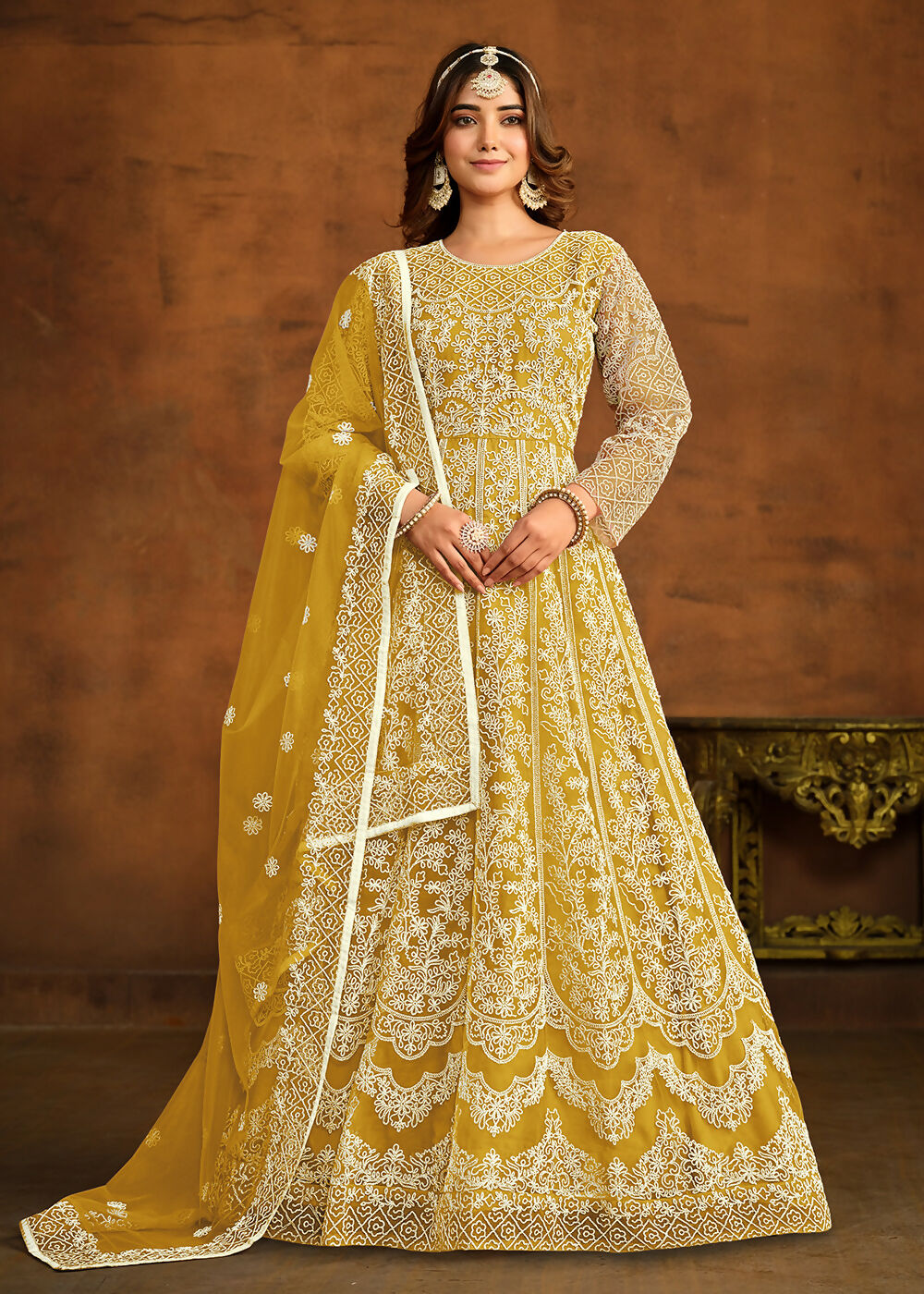 Yellow All Over Embroidered Net Wedding Anarkali Suit - Emponline - Distacart