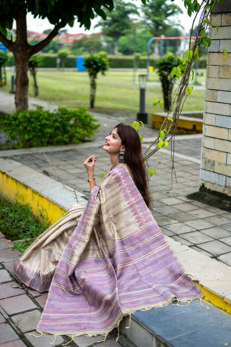 Aastha Fashion Purple Thread Woven Handloom Tussar Silk Saree with Blouse - Distacart