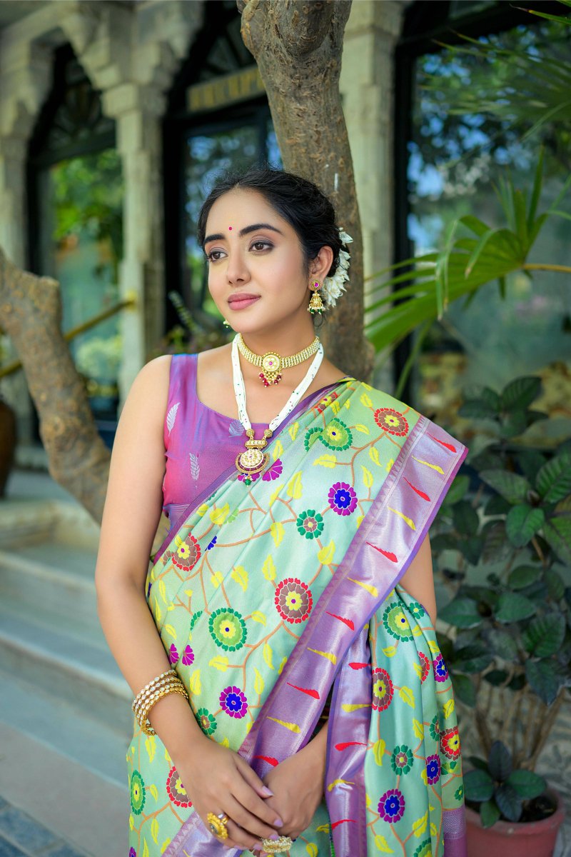 Aastha Fashion Sea Green Woven Kanjivaram Silk Saree with Blouse - Distacart