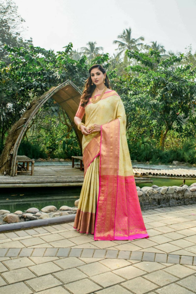 Aastha Fashion Beige Woven Kanchipuram Silk Saree with Blouse - Distacart