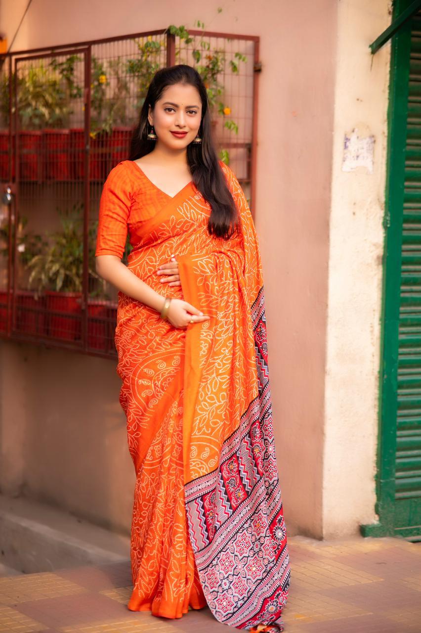 Orange Silk Blend Ajrak Saree with Unstitched Blouse - Hiral Fashion - Distacart