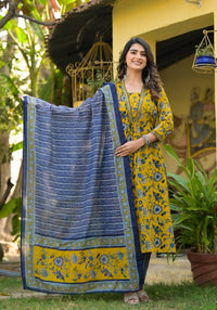 Thumbnail for Indian Fashion Women yellow and Blue Printed Viscose Blend Kurta, Pant And Dupatta Set