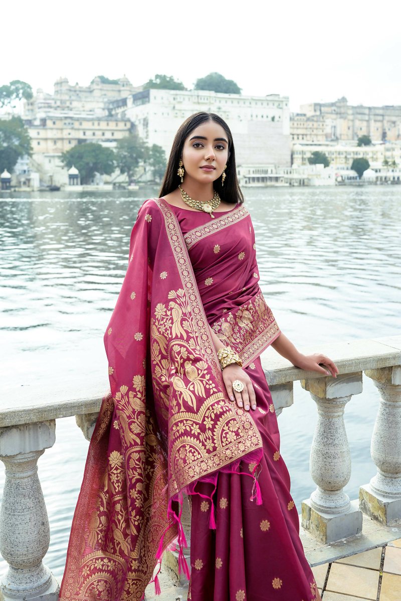 Aastha Fashion Maroon Woven Soft Silk Saree with Blouse - Distacart