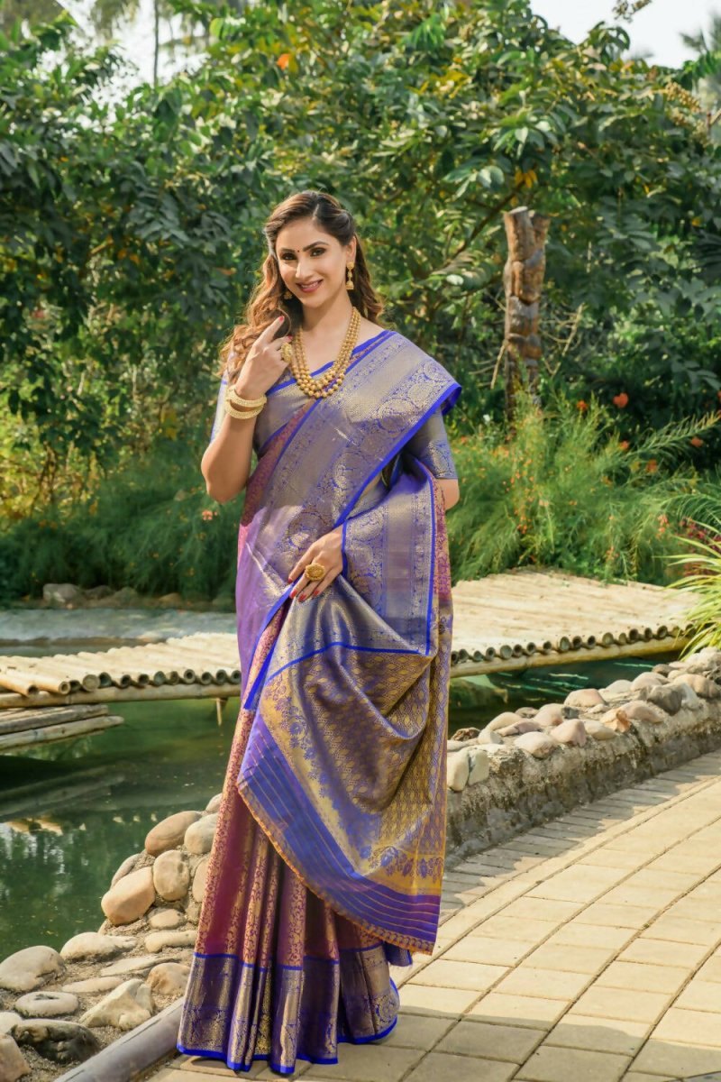 Aastha Fashion Purple Woven Kanchipuram Silk Saree with Blouse - Distacart