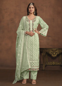 Thumbnail for Mint Green Soft Organza Embroidered Festive Salwar Suit - Emponline - Distacart