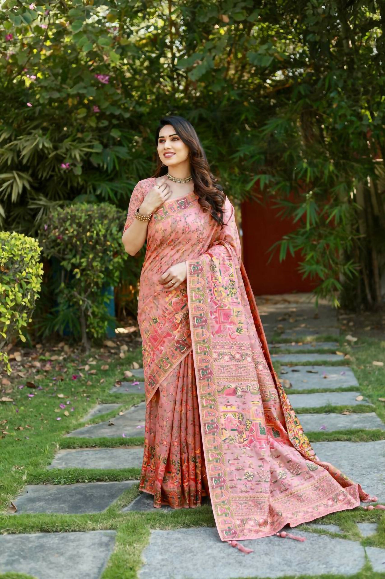 Vastranavya Luxury and Beautiful Soft, Smooth, Flowing Original Pashmina Soft Cotton Saree with Matching Blouse Fabric - Peach