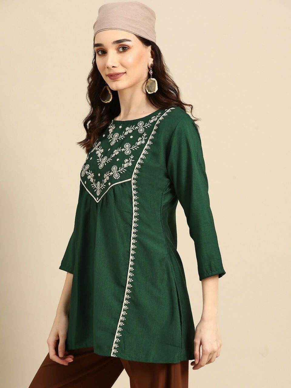 Buy Women's Dark Green Viscose blend Embroidered Short Top - Marina ...