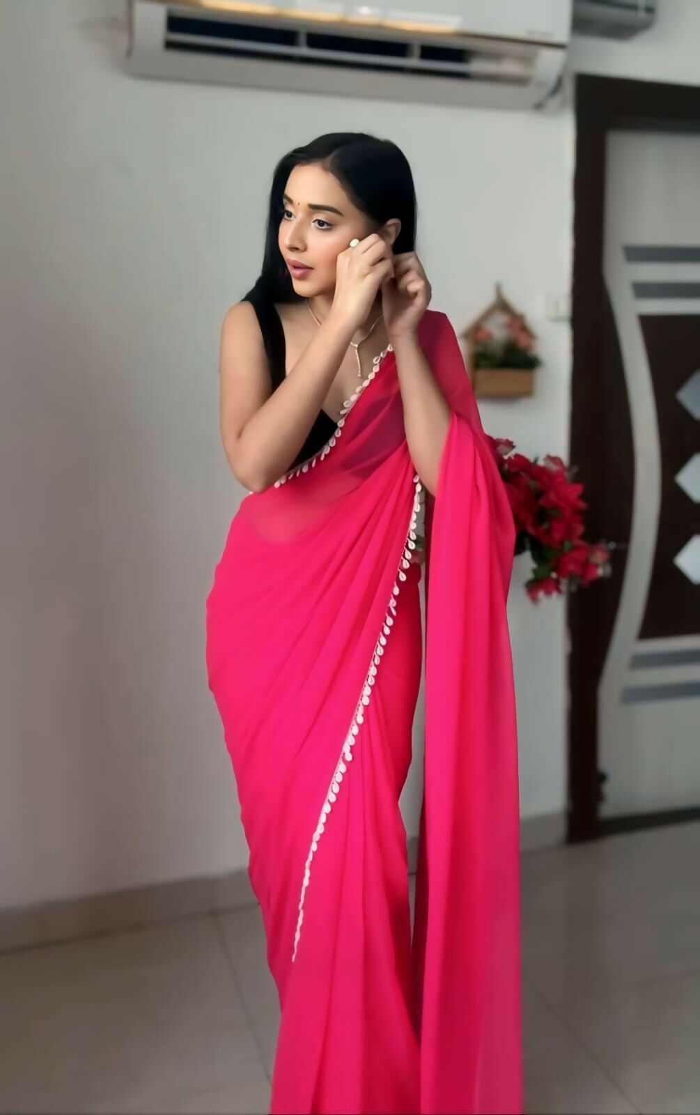 Malishka Georgette Printed Ready To Wear Saree With Blouse Piece - Pink - Distacart