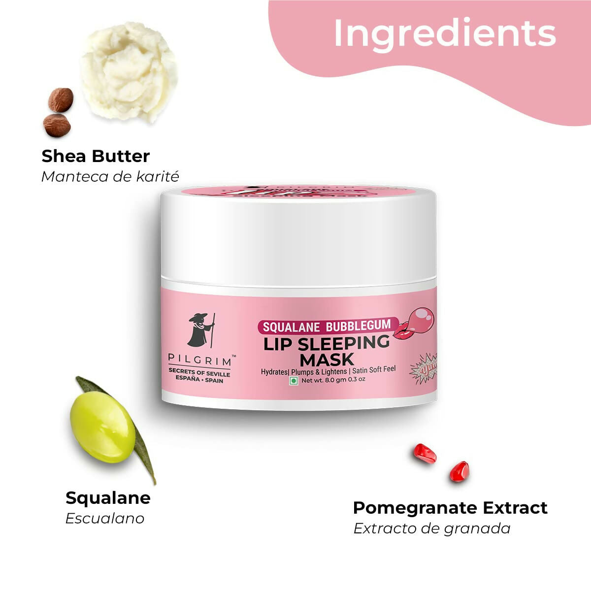 Pilgrim Spanish Lip Sleeping Mask (Bubblegum) with Shea Butter & Pomegranate For Hydrated & Soft Lips - Distacart