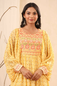 Thumbnail for Juniper Yellow Ethnic Motif Printed Georgette Midi Dress With Sequins Work