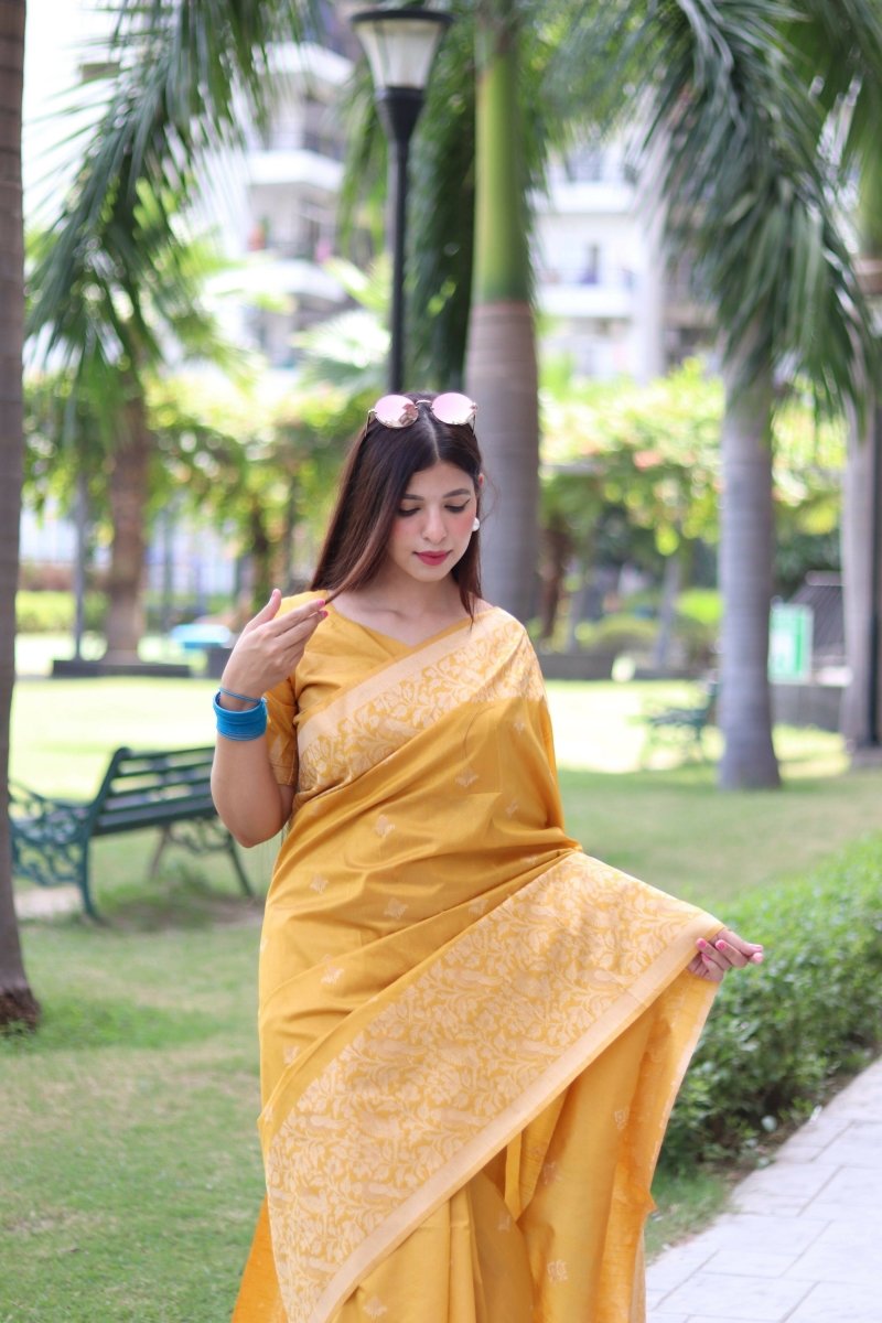 Aastha Fashion Yellow Woven Handloom Raw Silk Saree with Blouse - Distacart