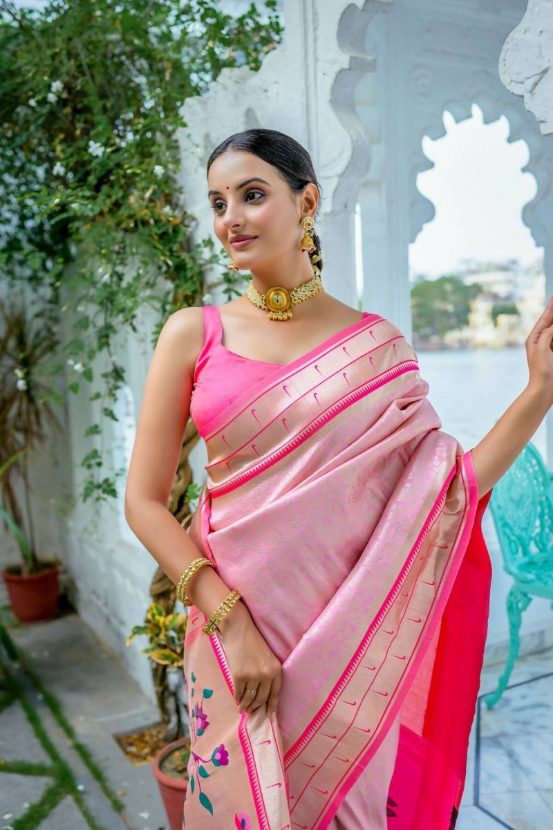 Aastha Fashion Baby Pink Woven Kanjivaram Silk Saree with Blouse - Distacart