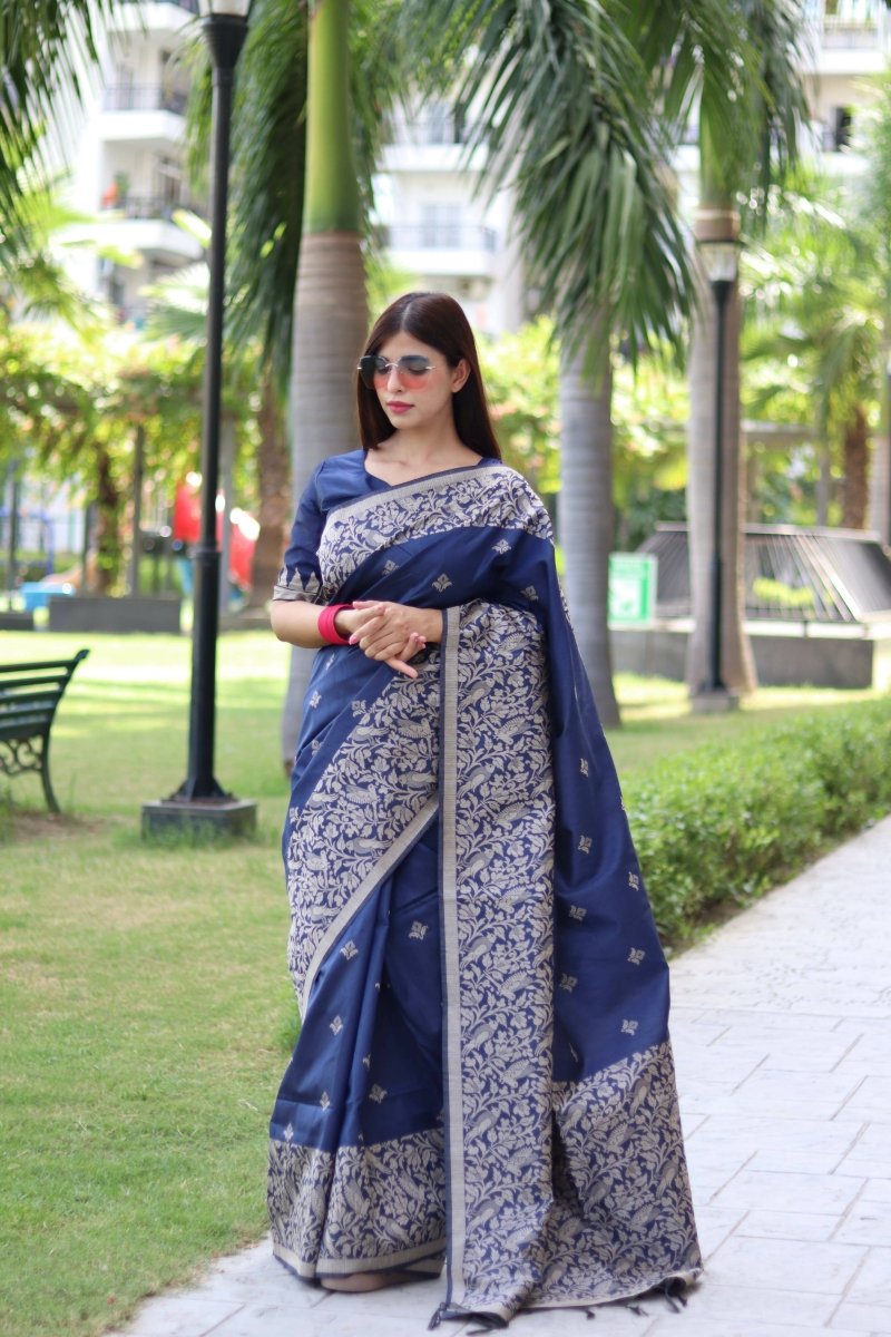 Aastha Fashion Navy Blue Woven Handloom Raw Silk Saree with Blouse - Distacart