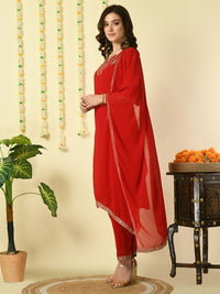 Thumbnail for Myshka Women's Red Georgette Kurta & Trousers With Dupatta Party Sets - Distacart