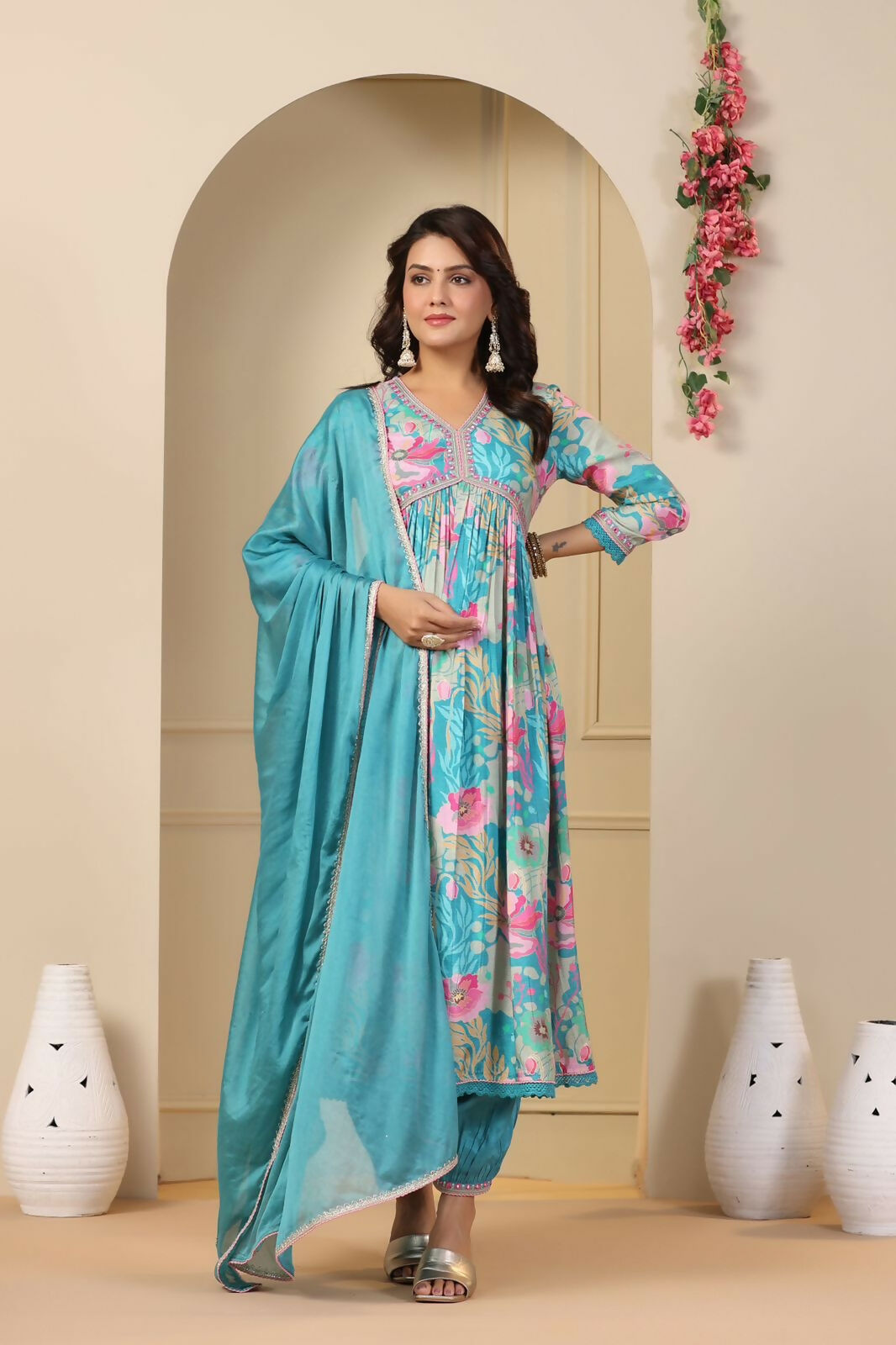 Preksha Creation Cotton Bsy Soft With Digital Lily Designer Women Dress With Dupatta And Pant - Skyblue - Distacart