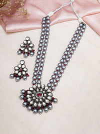 Thumbnail for Long Kundan Neckpiece with Earrings with Multi Stones Jewellery Set (Grey) - Ruby Raang - Distacart