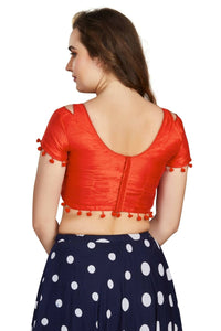 Thumbnail for Aastha Fashion Women's Orange Art Silk Pom Pom Lace Readymade Blouse - Distacart