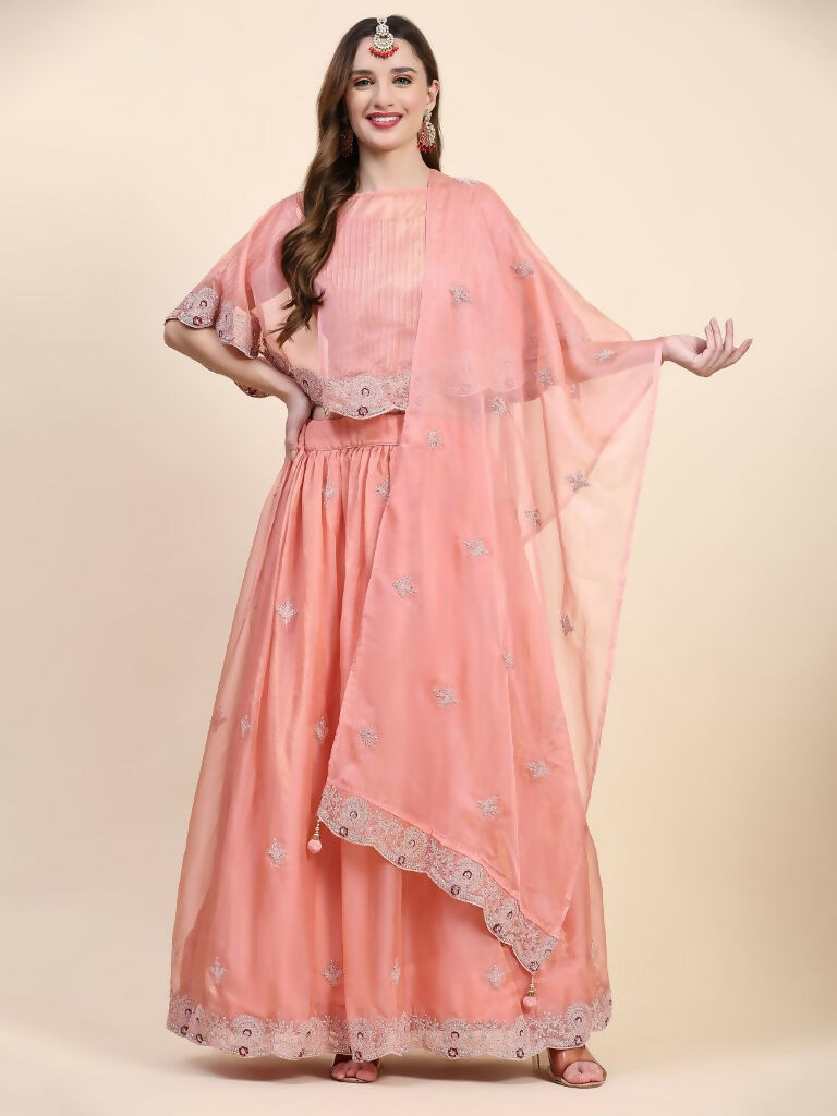 Peach Silk Embroidered Poncho Pattern Top & Lehenga with Dupatta - Tanya - Distacart