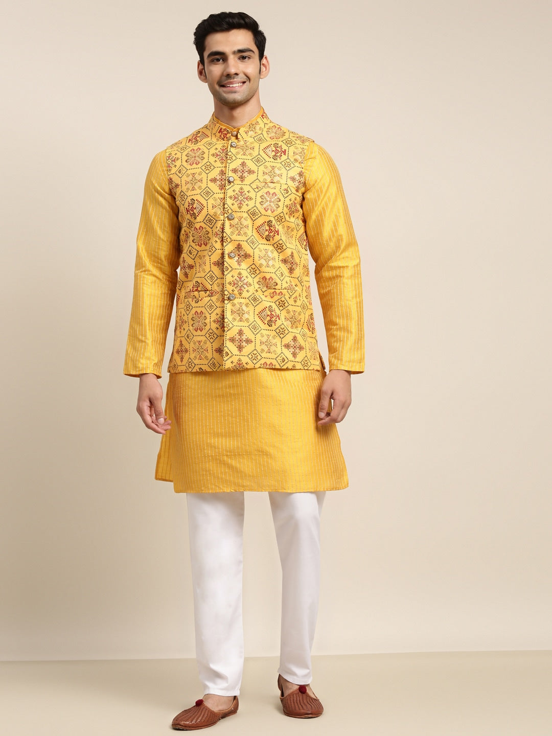 Kids Nehru jacket set: Boys Musterd Yellow Kurta With Printed Nehru Jacket  Set | Perfect Panache