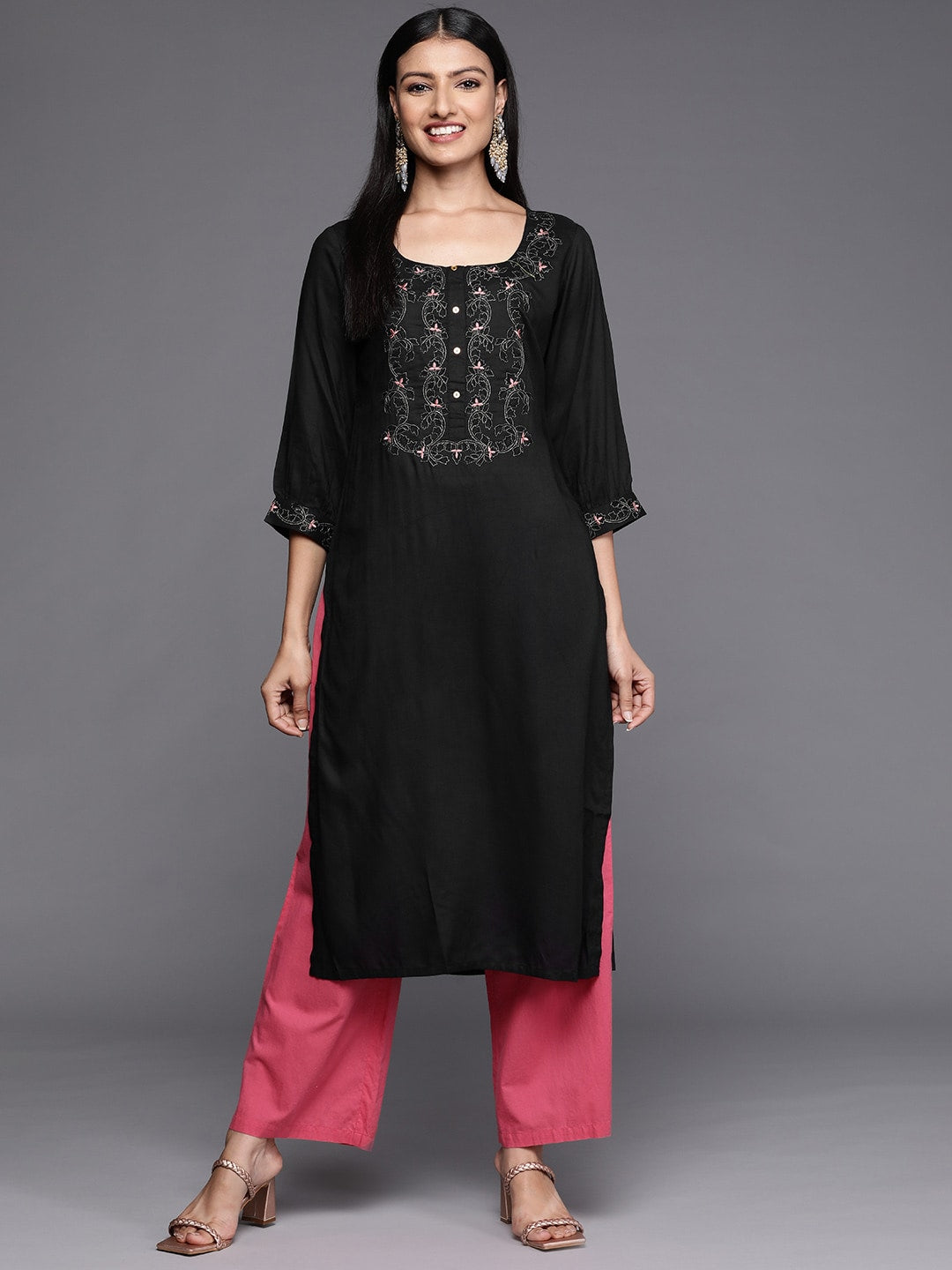 Libas Black Floral Yoke Design Thread Work Kurta