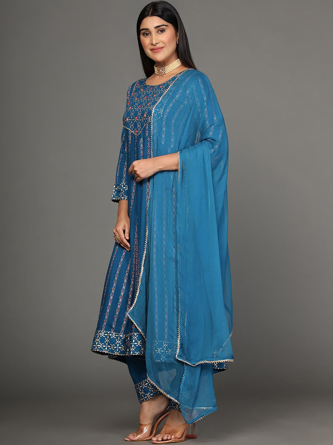 NOZ2TOZ Women's Blue Printed Gotta Patti Kurta with Trousers & Dupatta - Distacart