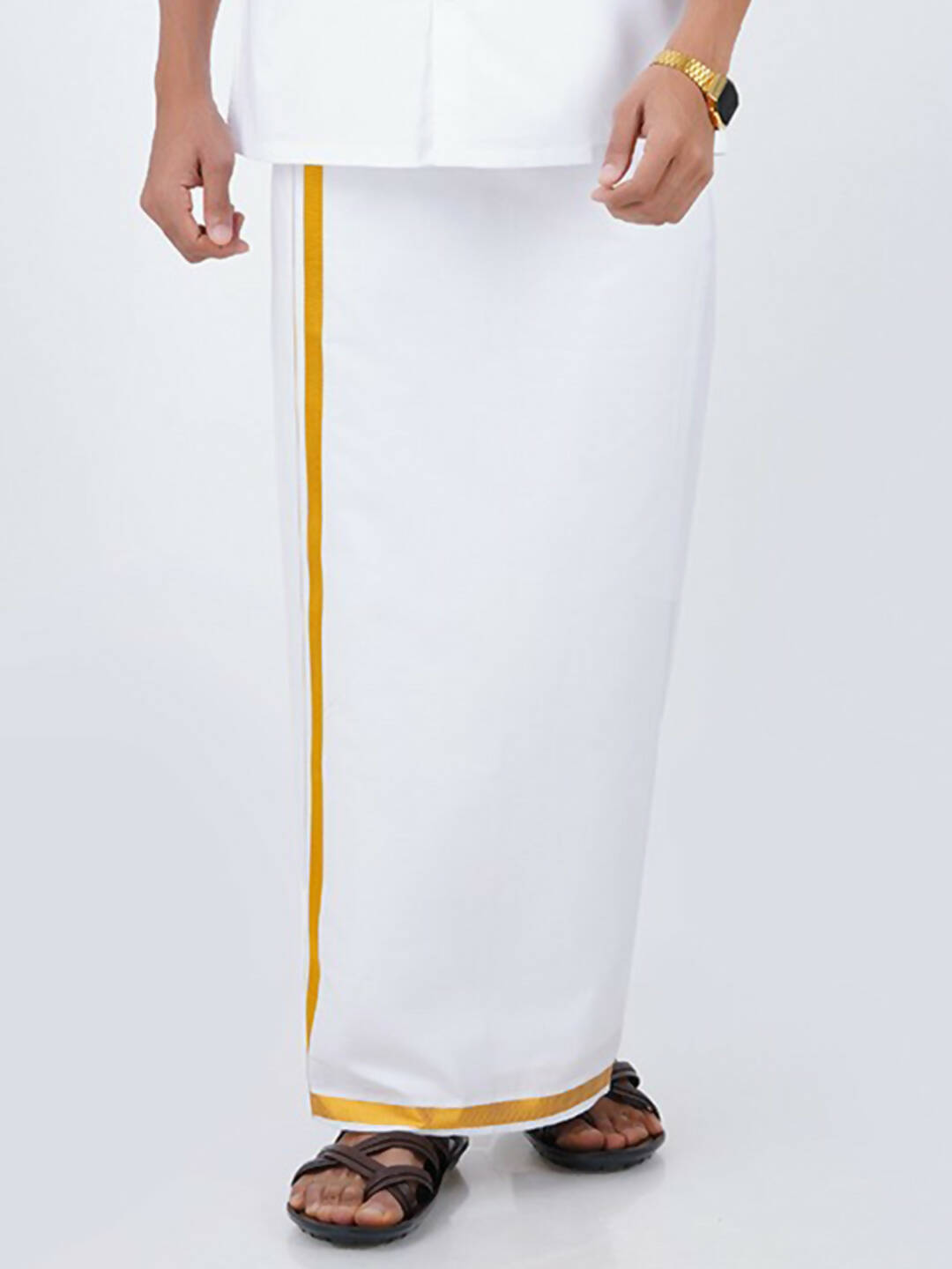 Ramraj Cotton Mens Pure Cotton 1/2 Inch Gold Jari Dhoti - White - Distacart