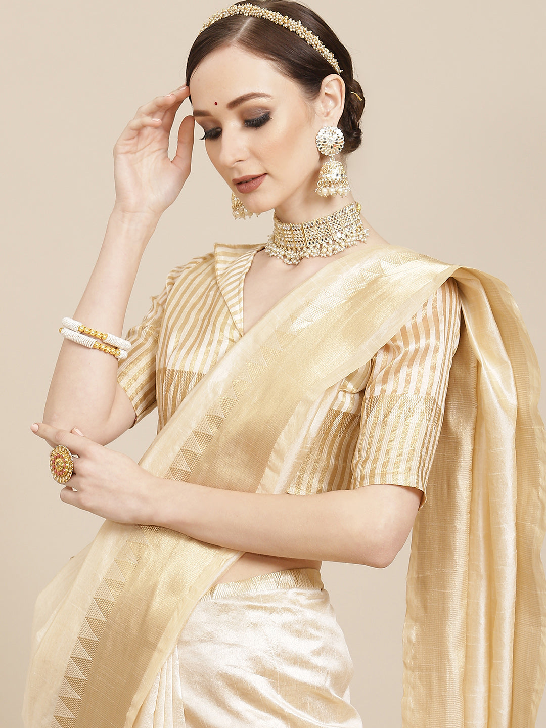 Kalini Off White & Golden Woven Design Saree - Distacart