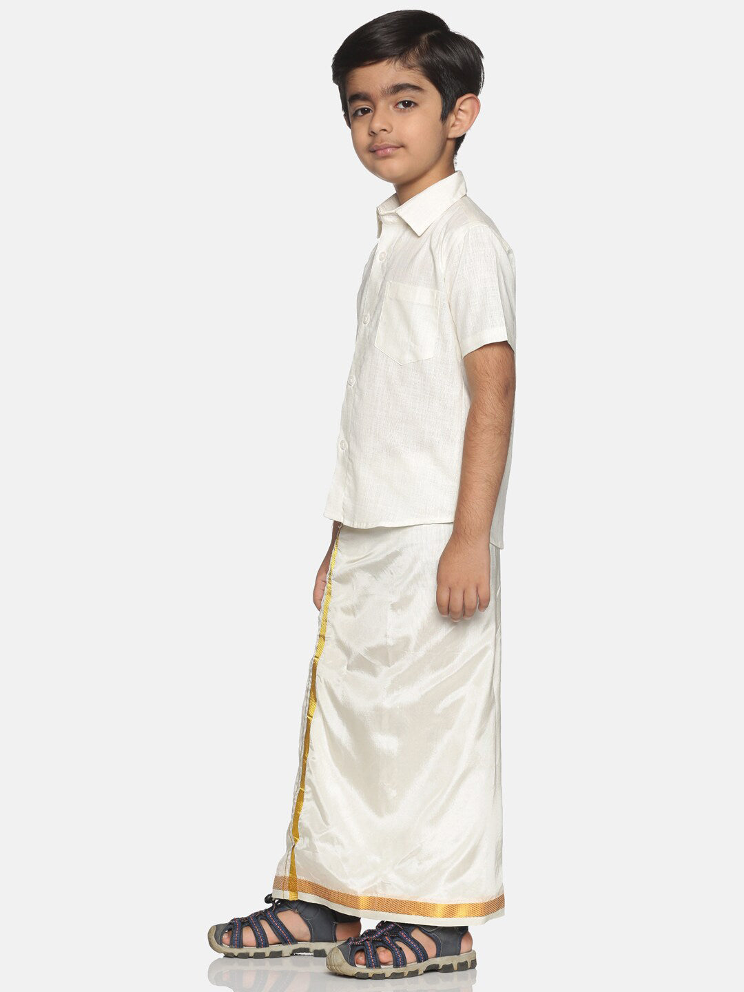 Sethukrishna Boys Cream-Coloured Solid Shirt with Veshti Set - Distacart