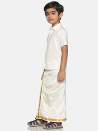 Thumbnail for Sethukrishna Boys Cream-Coloured Solid Shirt with Veshti Set - Distacart