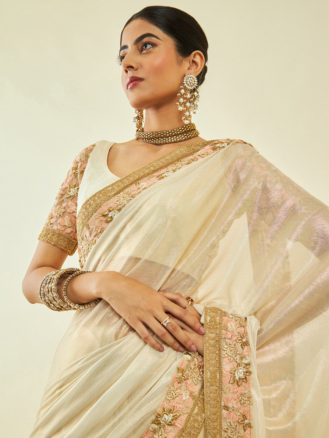 Soch Gold-Toned Embroidered Organza Saree - Distacart