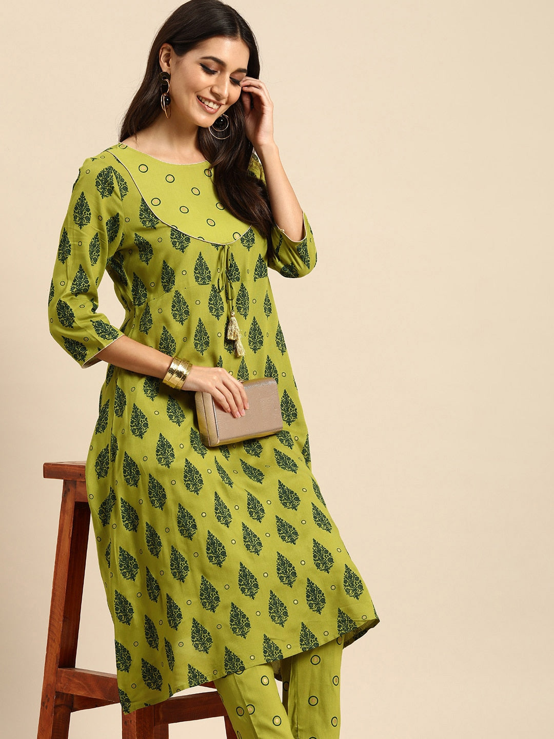 All About You Women Olive Green Ethnic Motifs Printed Empire Kurta with Trousers - Distacart