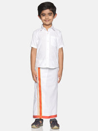 Thumbnail for Sethukrishna Boys White Pure Cotton Solid Shirt and Veshti Set - Distacart