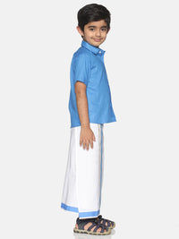 Thumbnail for Sethukrishna Boys Blue & White Solid Shirt and Veshti Set - Distacart