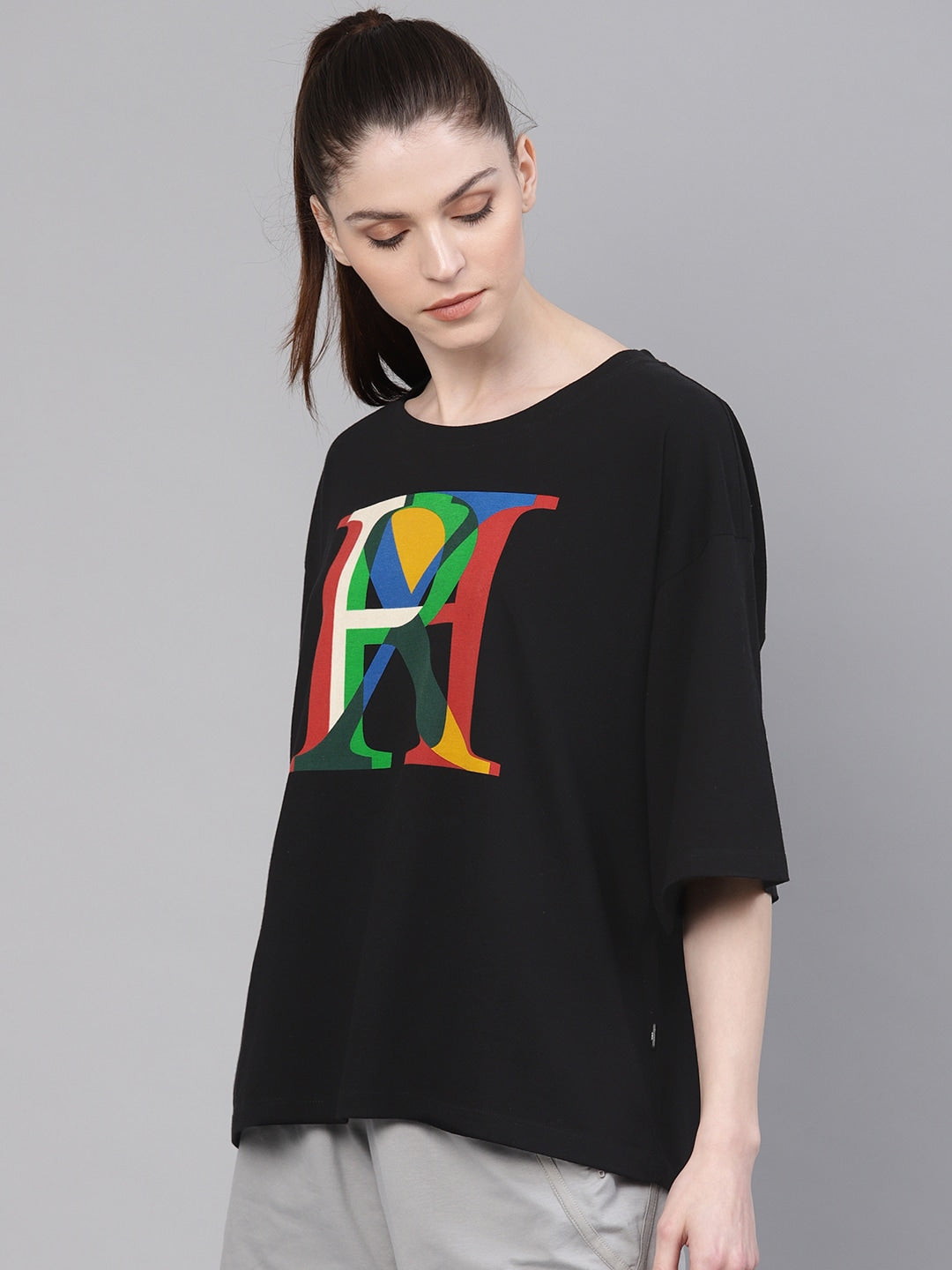 HRX by Hrithik Roshan Women Black Green Printed Lifestyle BOXY Fit Pure Cotton T-shirt - Distacart