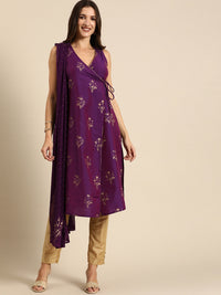 Thumbnail for All About You Women Purple Ethnic Motifs Foil Printed Angrakha Kurta Set - Distacart