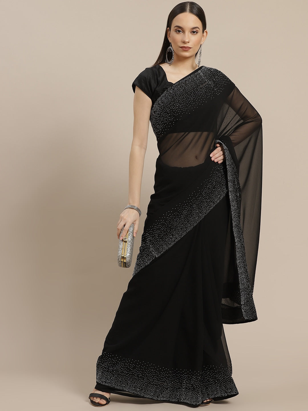 Sarees | Premium Black Saree With Stone Border | Freeup