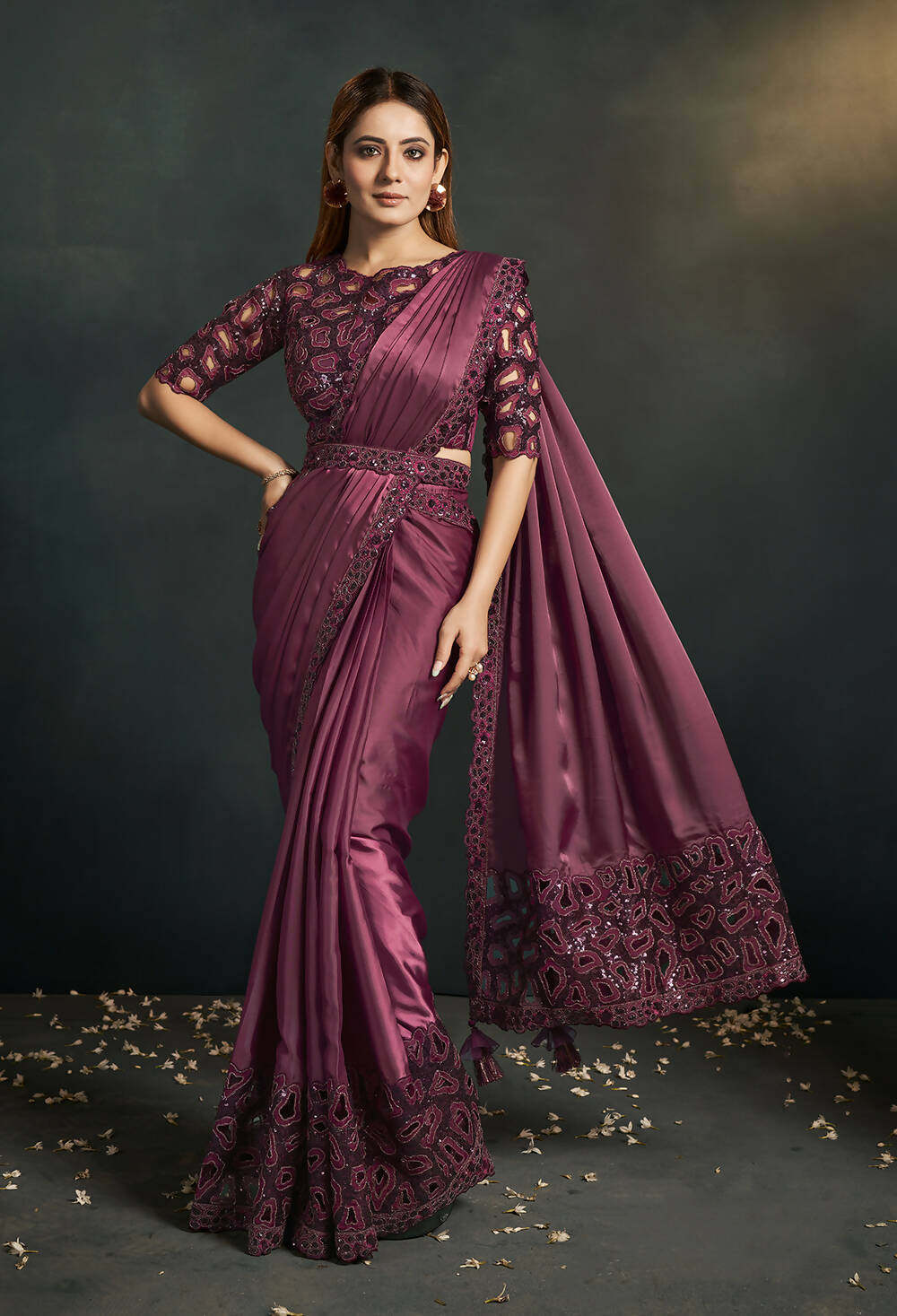 Maroon Silk Crepe Satin Cord Sequence & Thread Embroidered Saree - Moh-Manthan Royal Enigma - Distacart