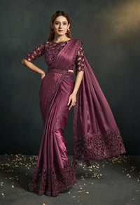 Thumbnail for Maroon Silk Crepe Satin Cord Sequence & Thread Embroidered Saree - Moh-Manthan Royal Enigma - Distacart