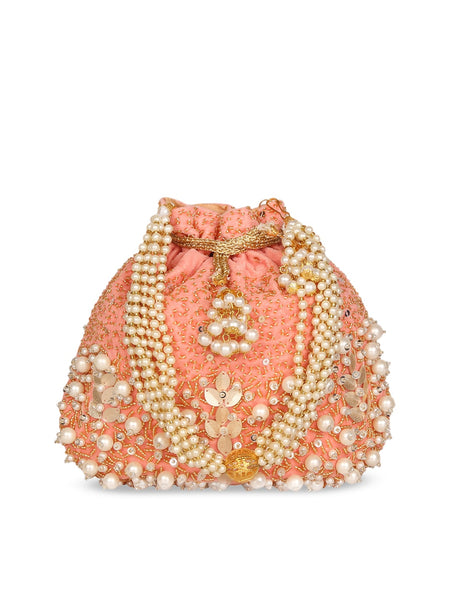 Anekaant Peach-Coloured Embellished Clutch - Distacart