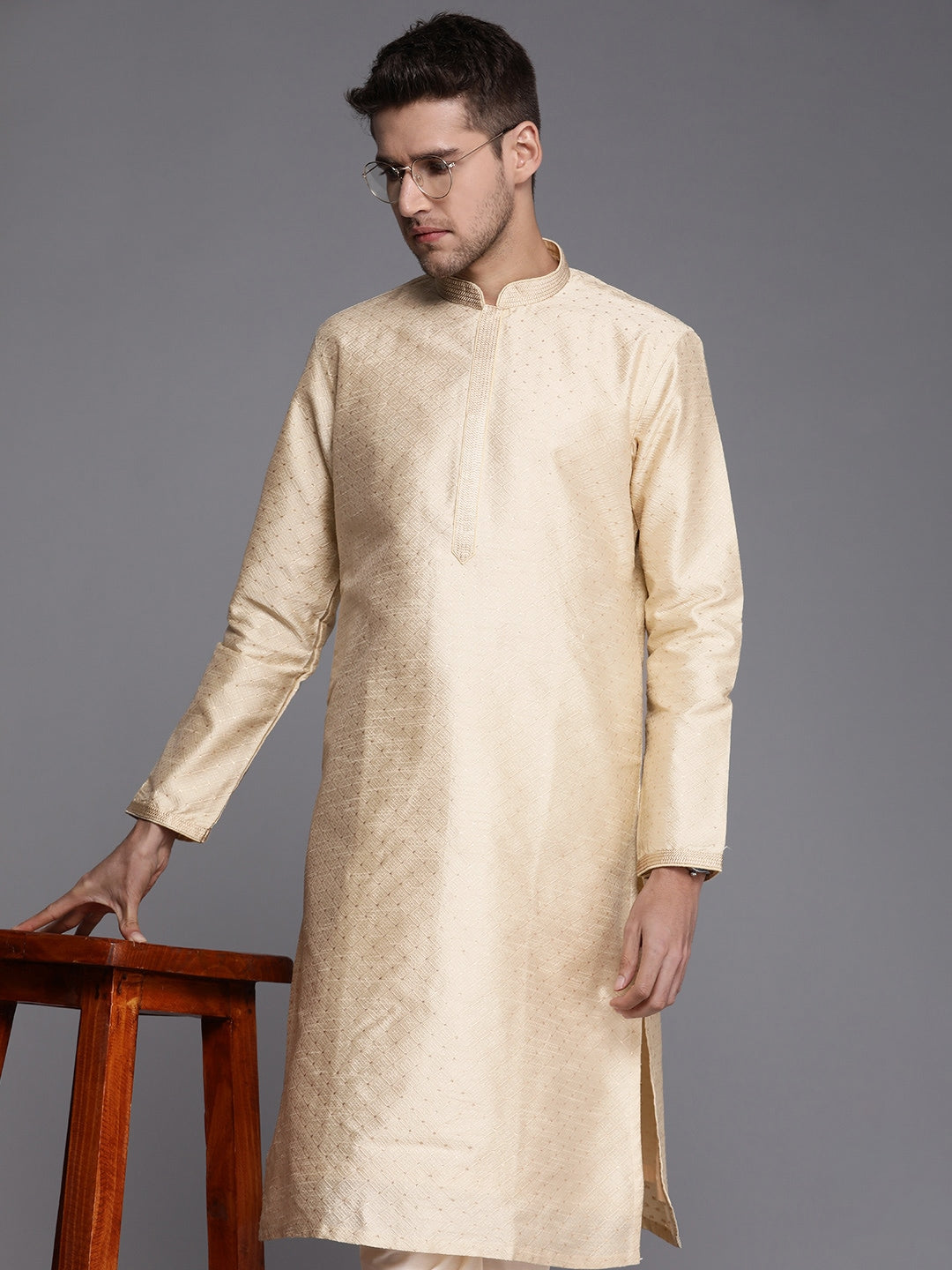 Manyavar Men Beige Ethnic Motifs Thread Work Kurta with Churidar - Distacart