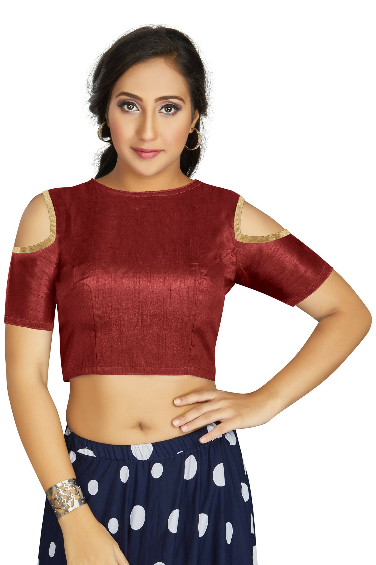 Aastha Fashion Women's Maroon Art Silk Cold Shoulder Sleeve Readymade Blouse - Distacart