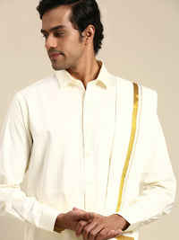 Thumbnail for Ramraj Cotton Premium Wedding Cream Regular Dhoti, Shirt & Towel Set Arathi 3/4