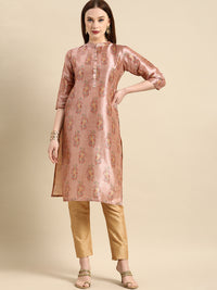 Thumbnail for All About You Women Pink Paisley Print Mandarin Collar Pastels Chanderi Silk Blend Kurta - Distacart