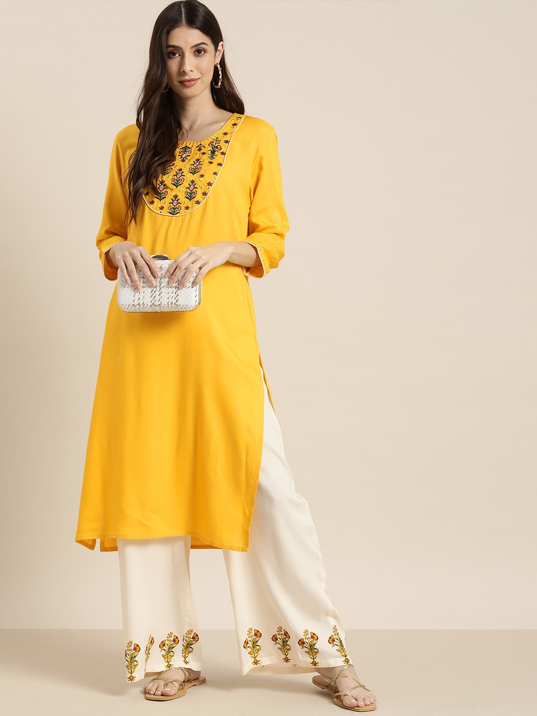 All About You Women Yellow & Beige Embroidered Kurta with Palazzos - Distacart