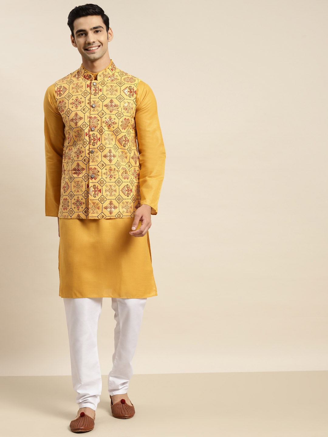 Mustard Yellow Stylish Art Silk Embroidered Nehru Jacket Set For Men –  paanericlothing