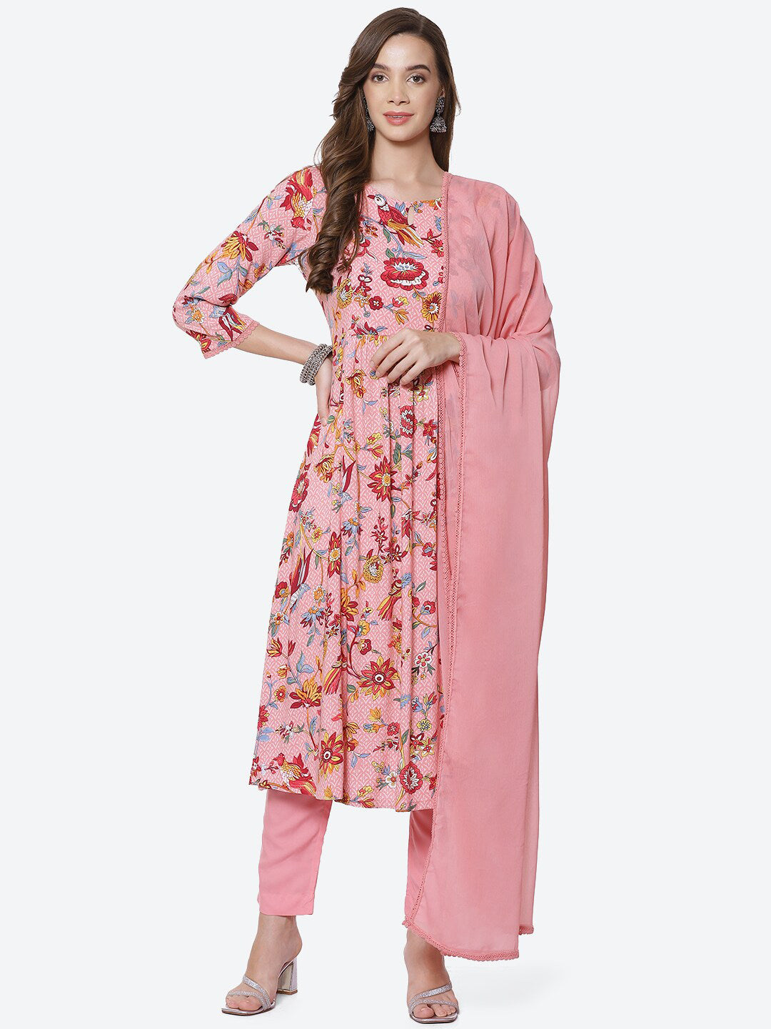 Biba Women Pink Floral Printed High Slit Kurta with Trousers & With Dupatta - Distacart