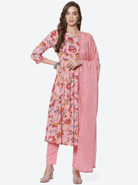 Thumbnail for Biba Women Pink Floral Printed High Slit Kurta with Trousers & With Dupatta - Distacart