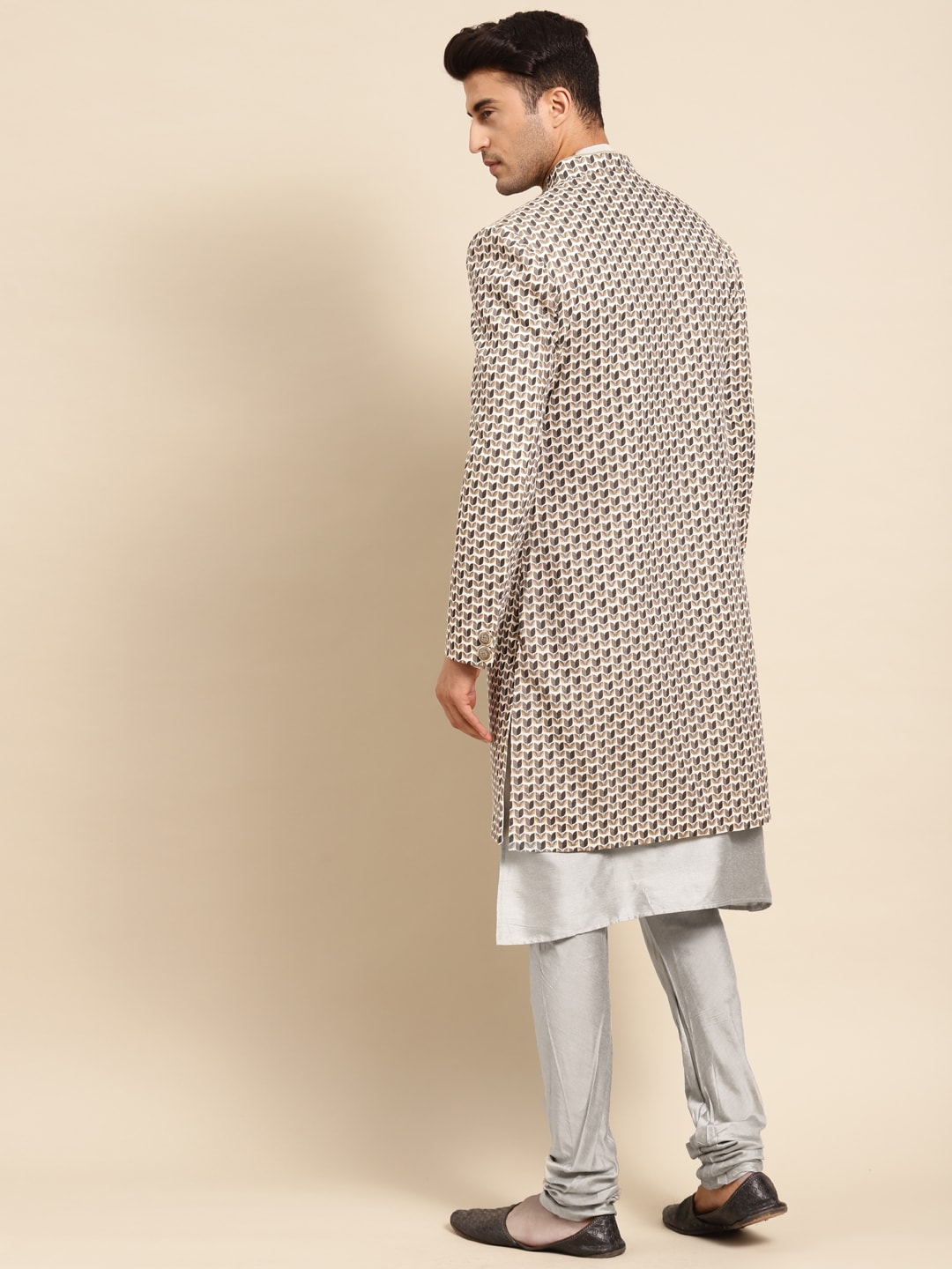 KISAH Men Cream & Silver-Coloured Printed Sherwani Set - Distacart